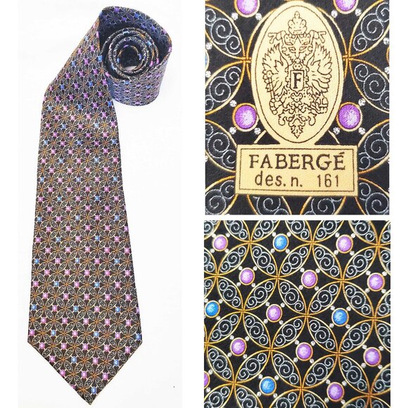 Faberge Mens Silk Neck Tie Blue and Purple Pearls with Black Filigree Print USA - Picture 1 of 8